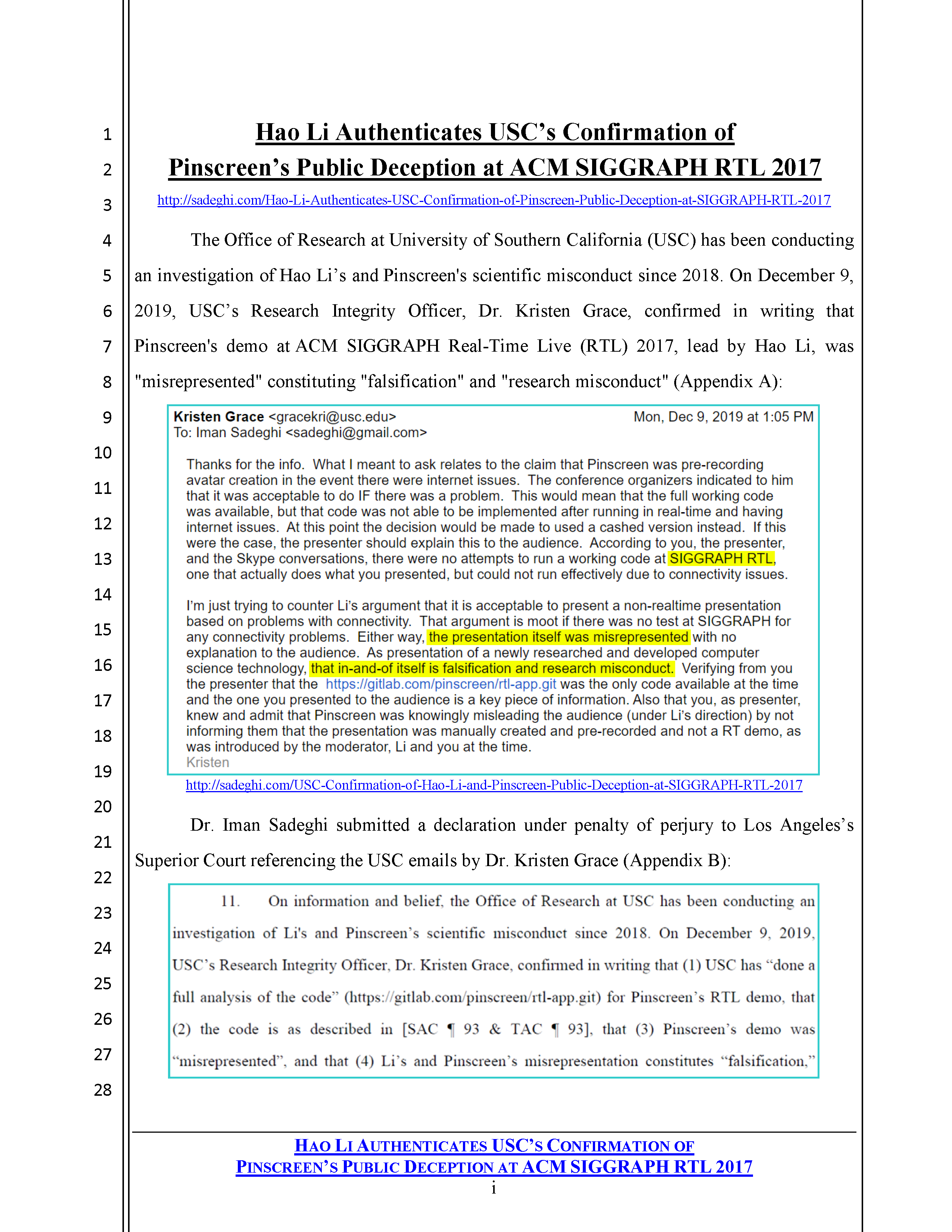 Hao Li Authenticates USC's Confirmation of Pinscreen's Public&nbsp;Deception at ACM&nbsp;SIGGRAPH RTL&nbsp;2017 Page 1