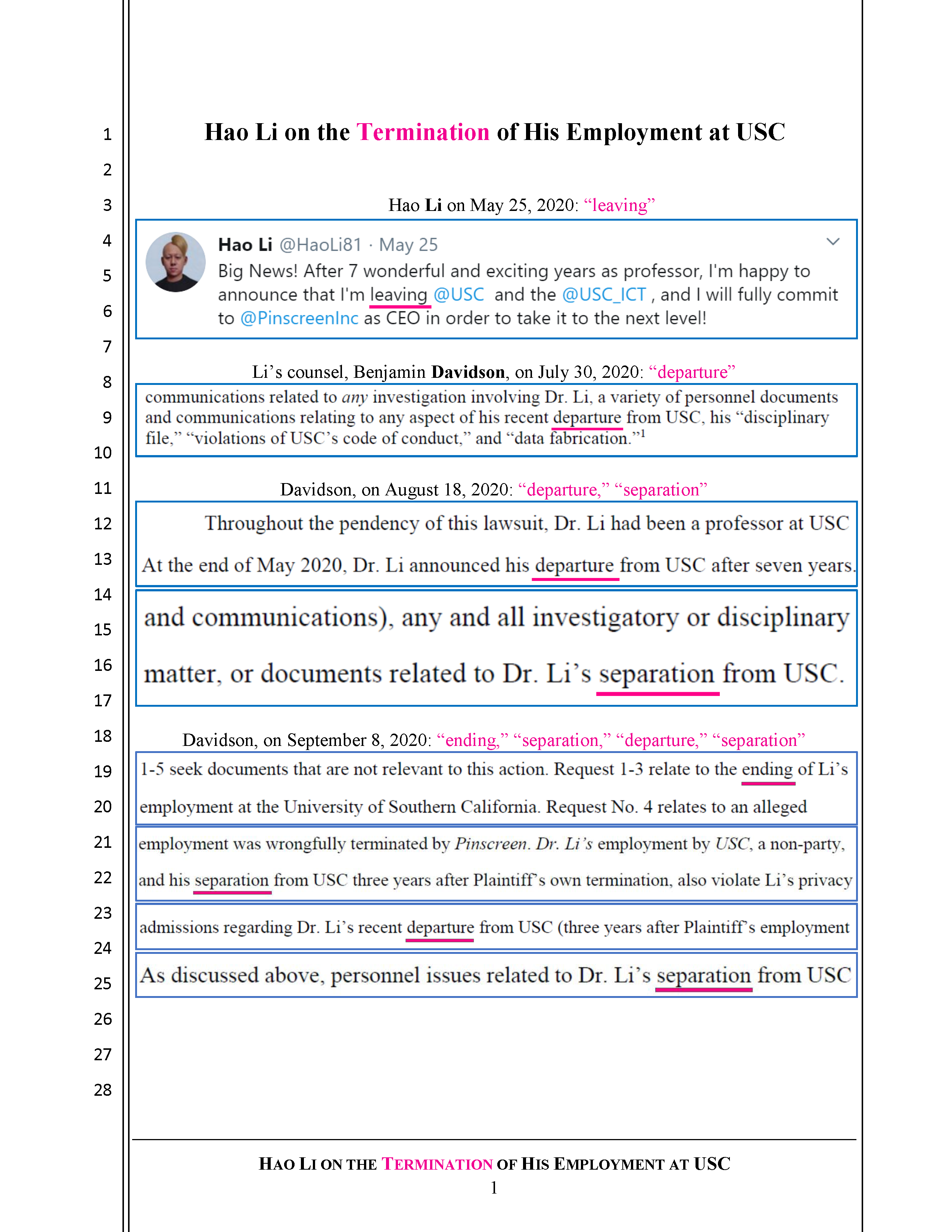 Hao Li on the Termination of His Employment&nbsp;at&nbsp;USC Page 1