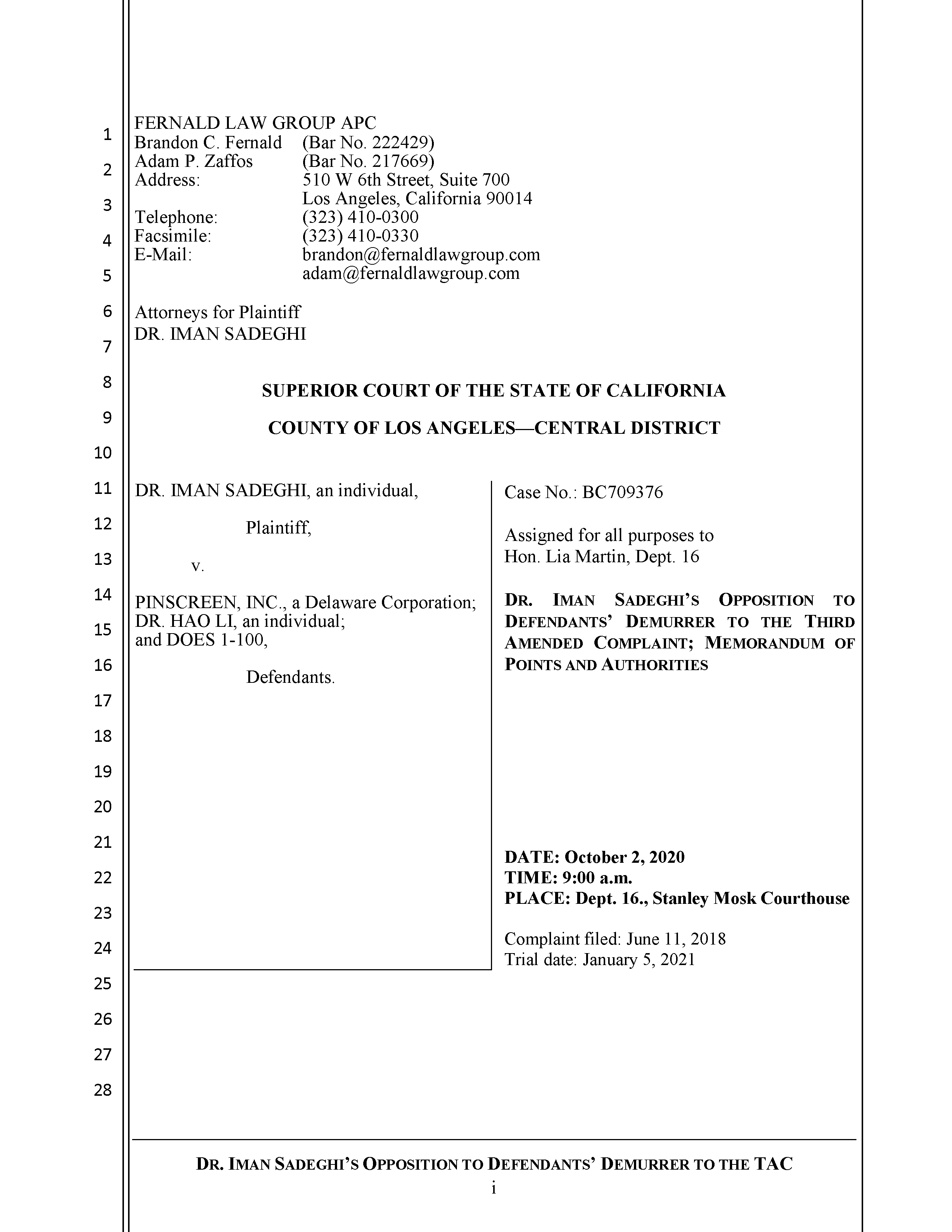 Sadeghi's Opposition to Defendant's Demurrer&nbsp;to&nbsp;the&nbsp;TAC Page 1
