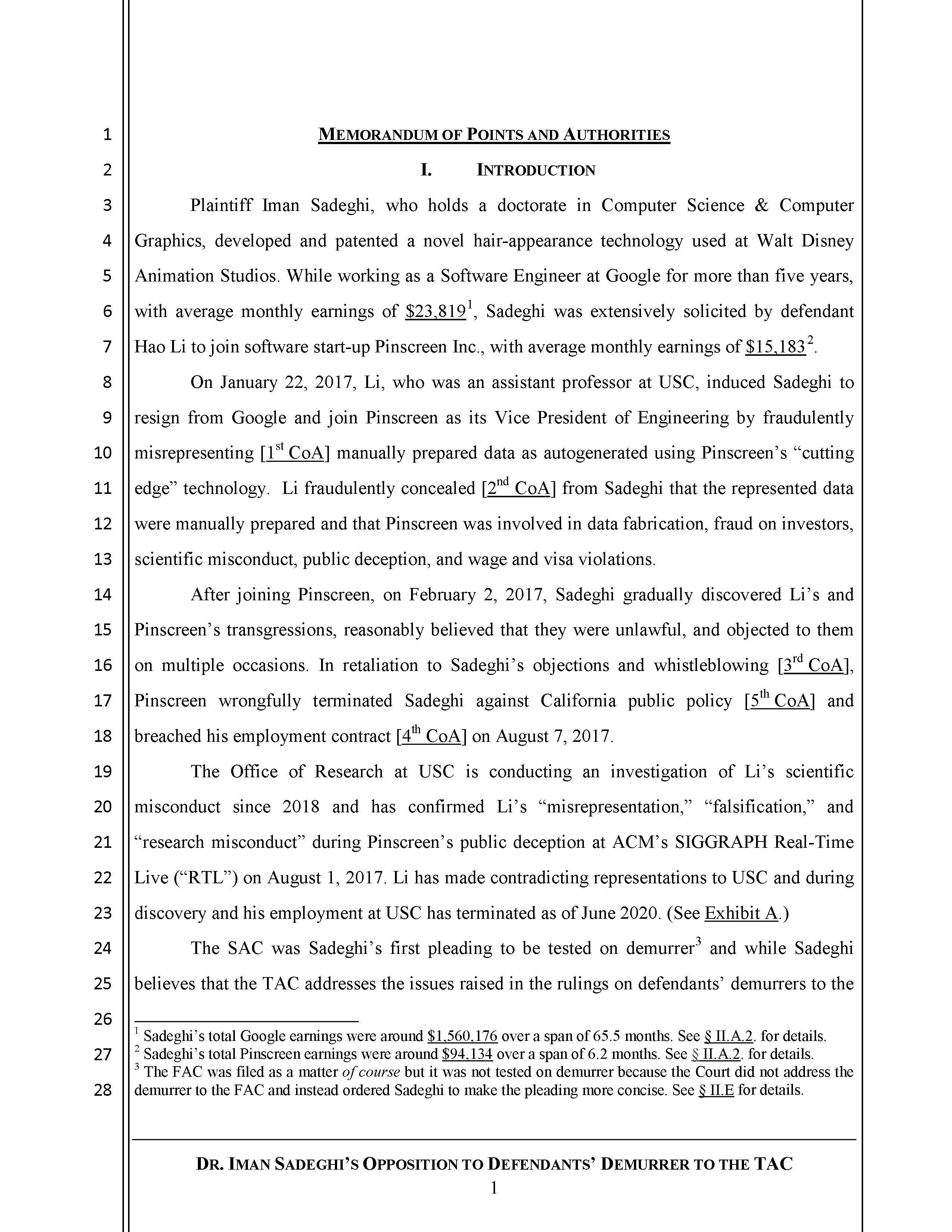 Sadeghi's Opposition to Defendant's Demurrer&nbsp;to&nbsp;the&nbsp;TAC Page 2