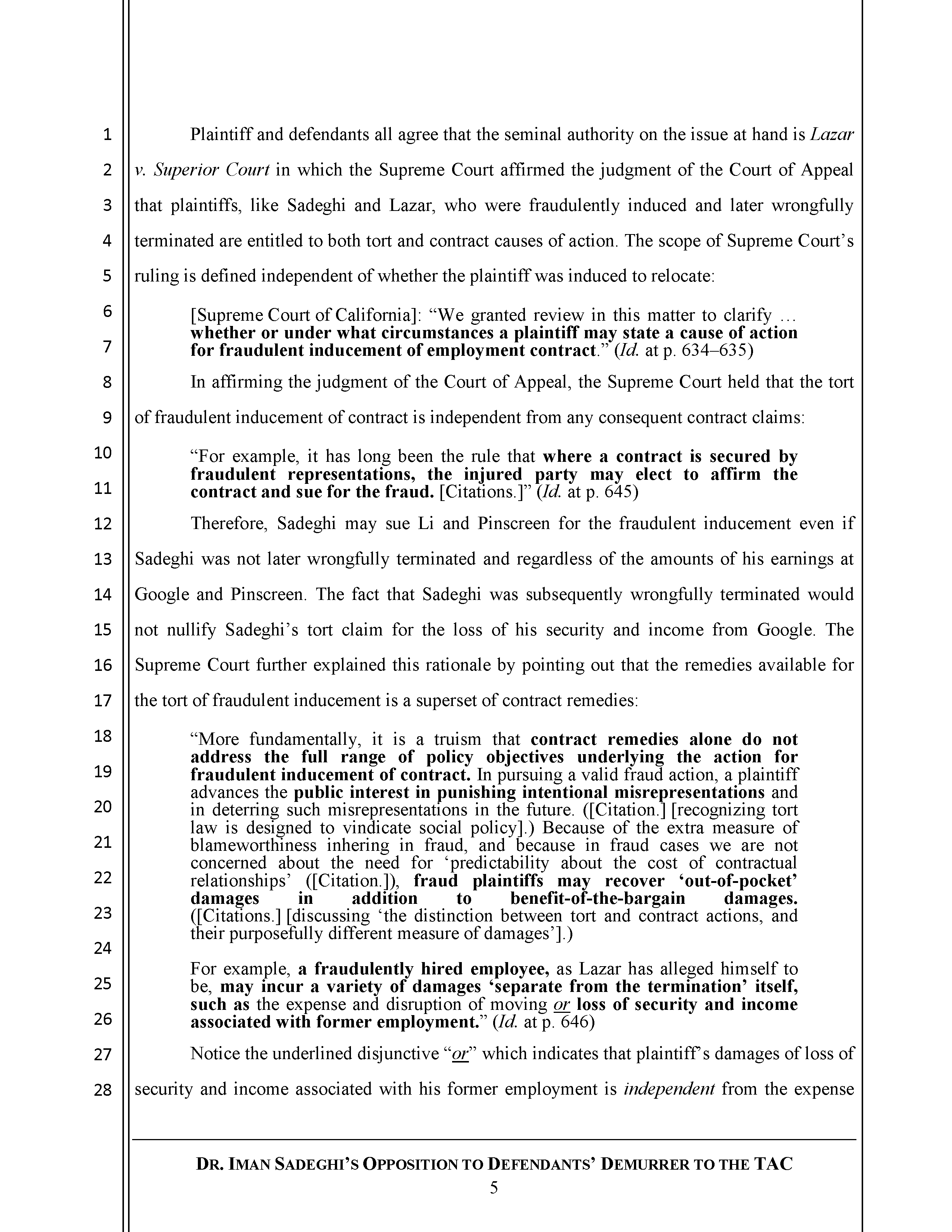 Sadeghi's Opposition to Defendant's Demurrer&nbsp;to&nbsp;the&nbsp;TAC Page 6