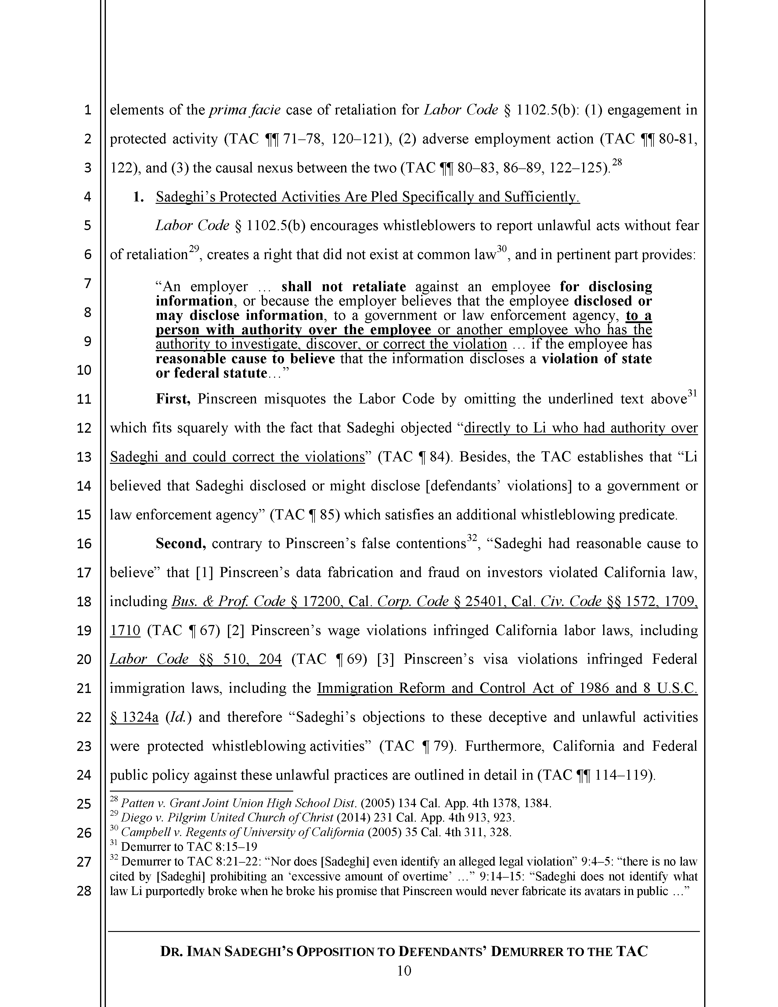 Sadeghi's Opposition to Defendant's Demurrer&nbsp;to&nbsp;the&nbsp;TAC Page 11