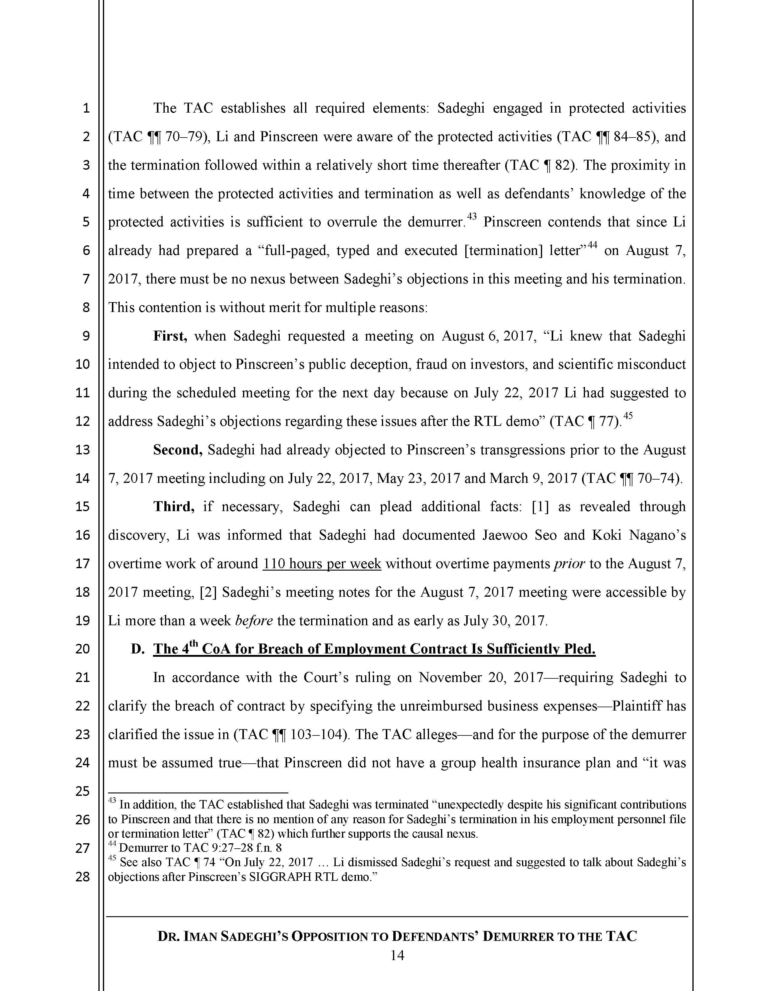 Sadeghi's Opposition to Defendant's Demurrer&nbsp;to&nbsp;the&nbsp;TAC Page 15