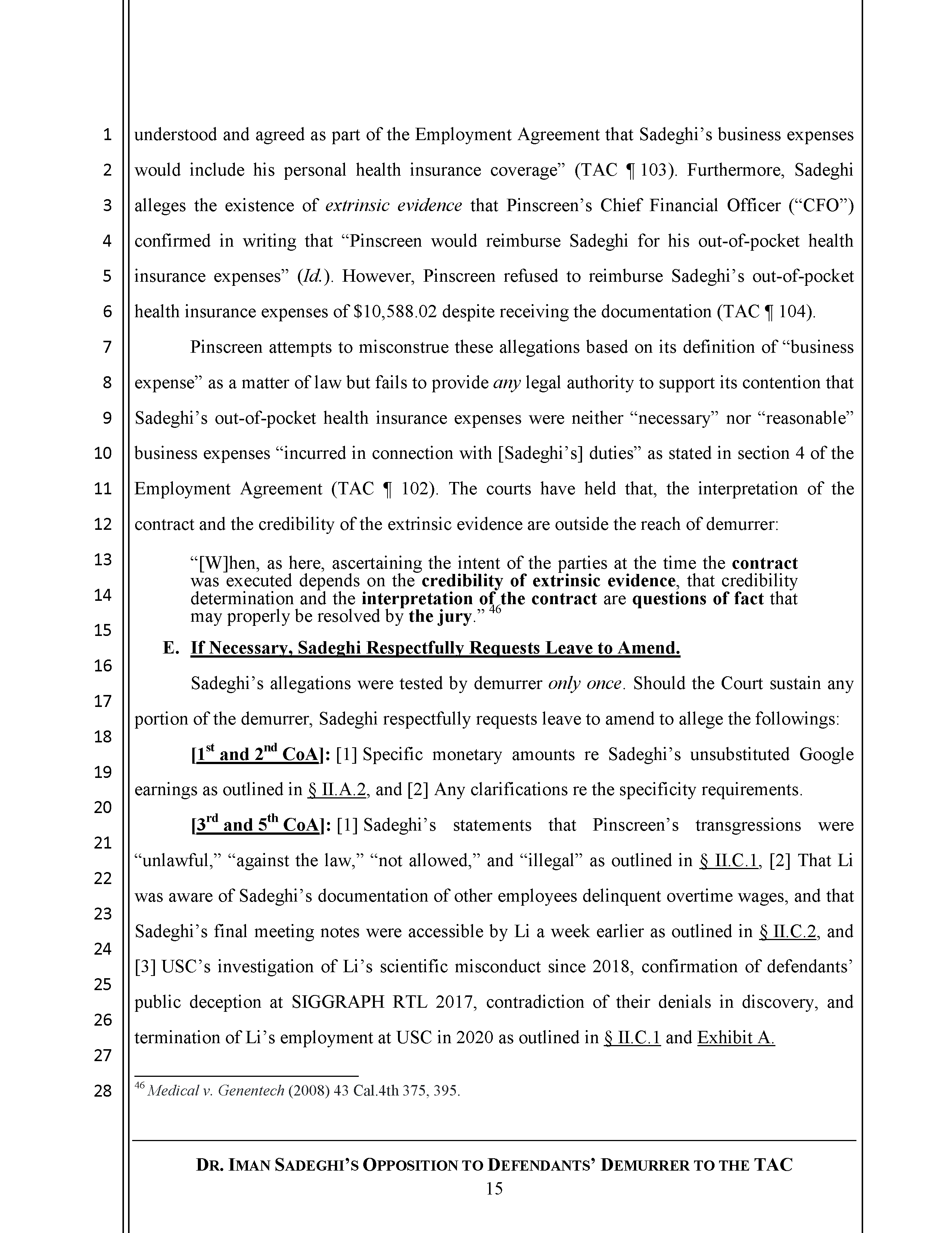 Sadeghi's Opposition to Defendant's Demurrer&nbsp;to&nbsp;the&nbsp;TAC Page 16