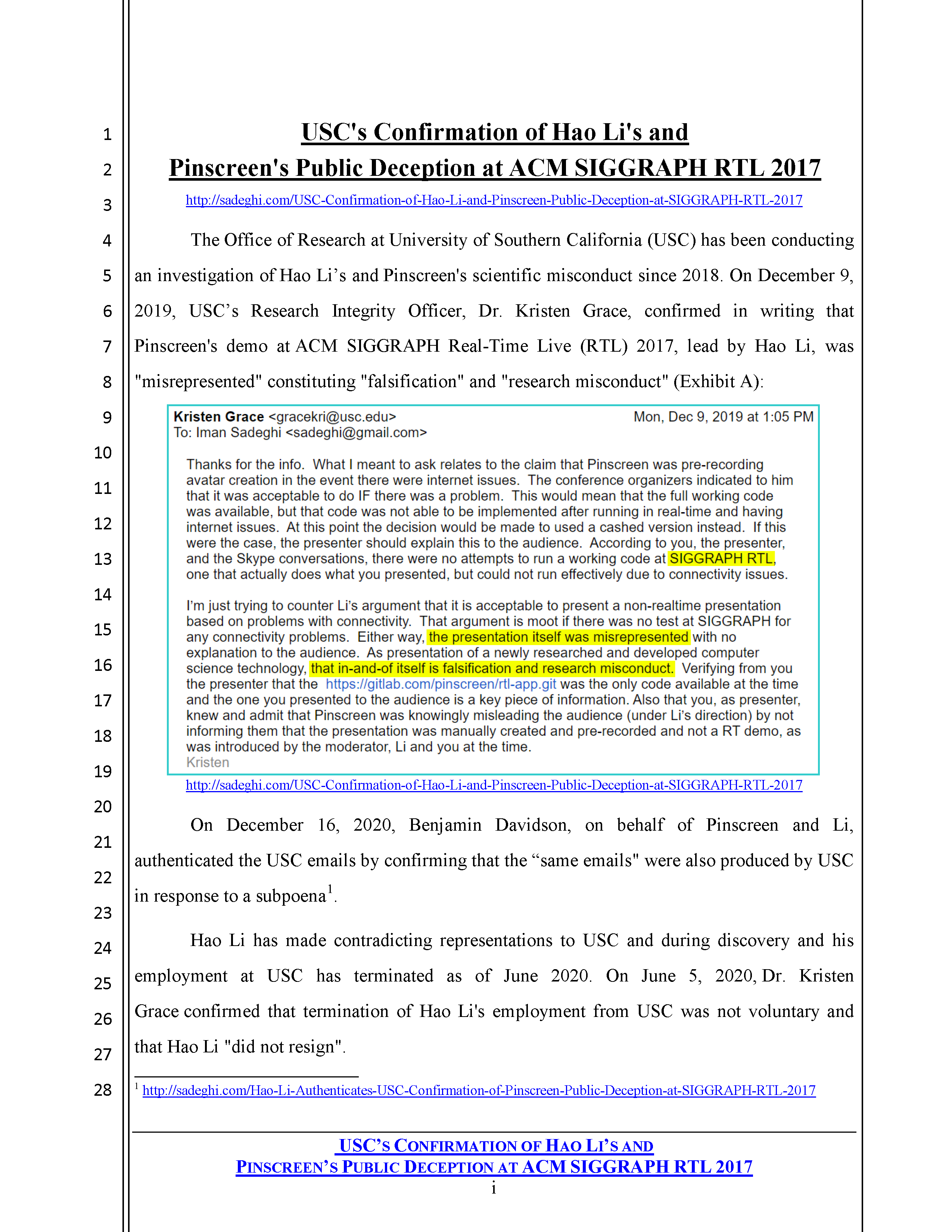 USC's Confirmation of Hao Li's and Pinscreen's Public&nbsp;Deception at ACM&nbsp;SIGGRAPH RTL&nbsp;2017 Page 1