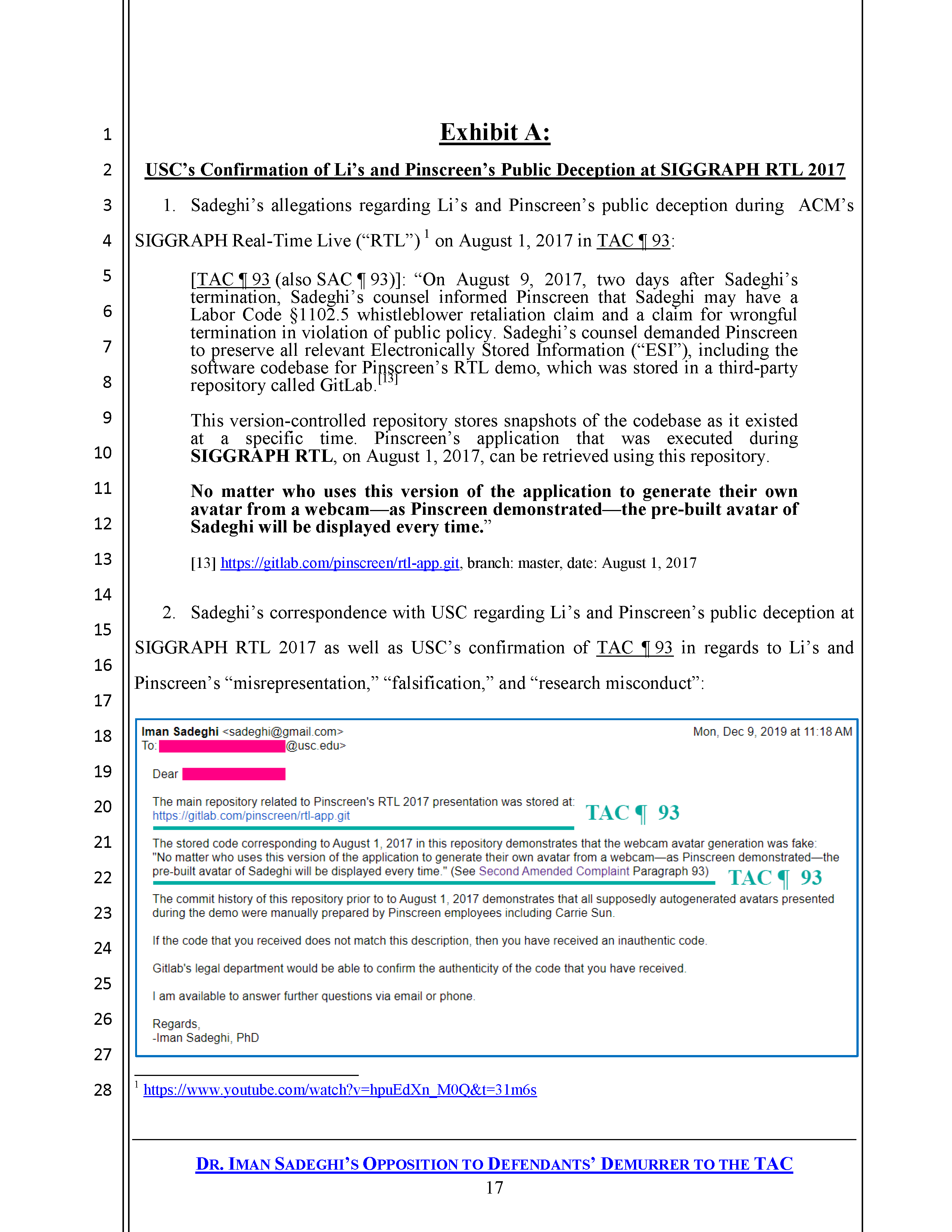 USC's Confirmation of Hao Li's and Pinscreen's Public&nbsp;Deception at ACM&nbsp;SIGGRAPH RTL&nbsp;2017 Page 2