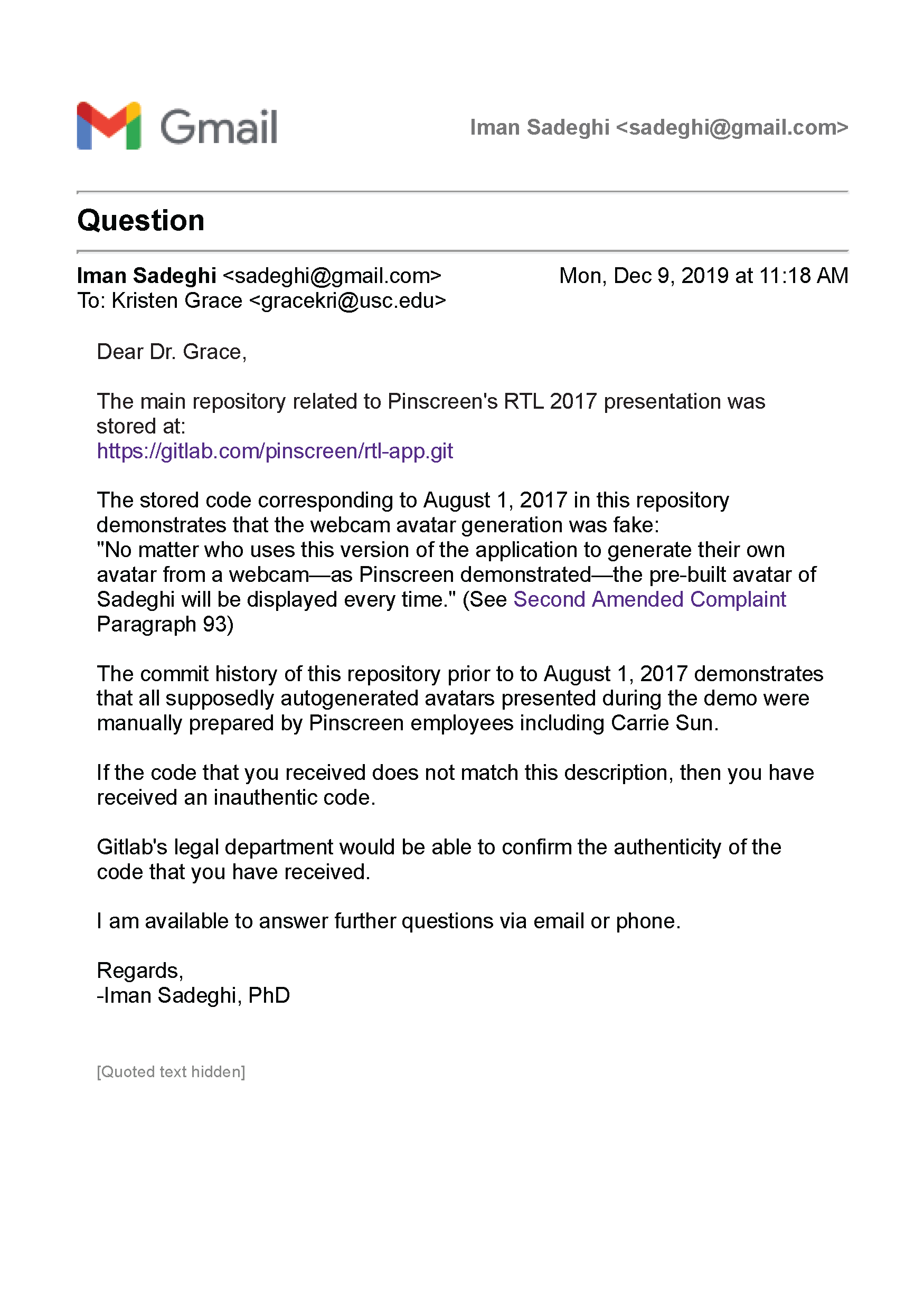 USC's Confirmation of Hao Li's and Pinscreen's Public&nbsp;Deception at ACM&nbsp;SIGGRAPH RTL&nbsp;2017 Page 7