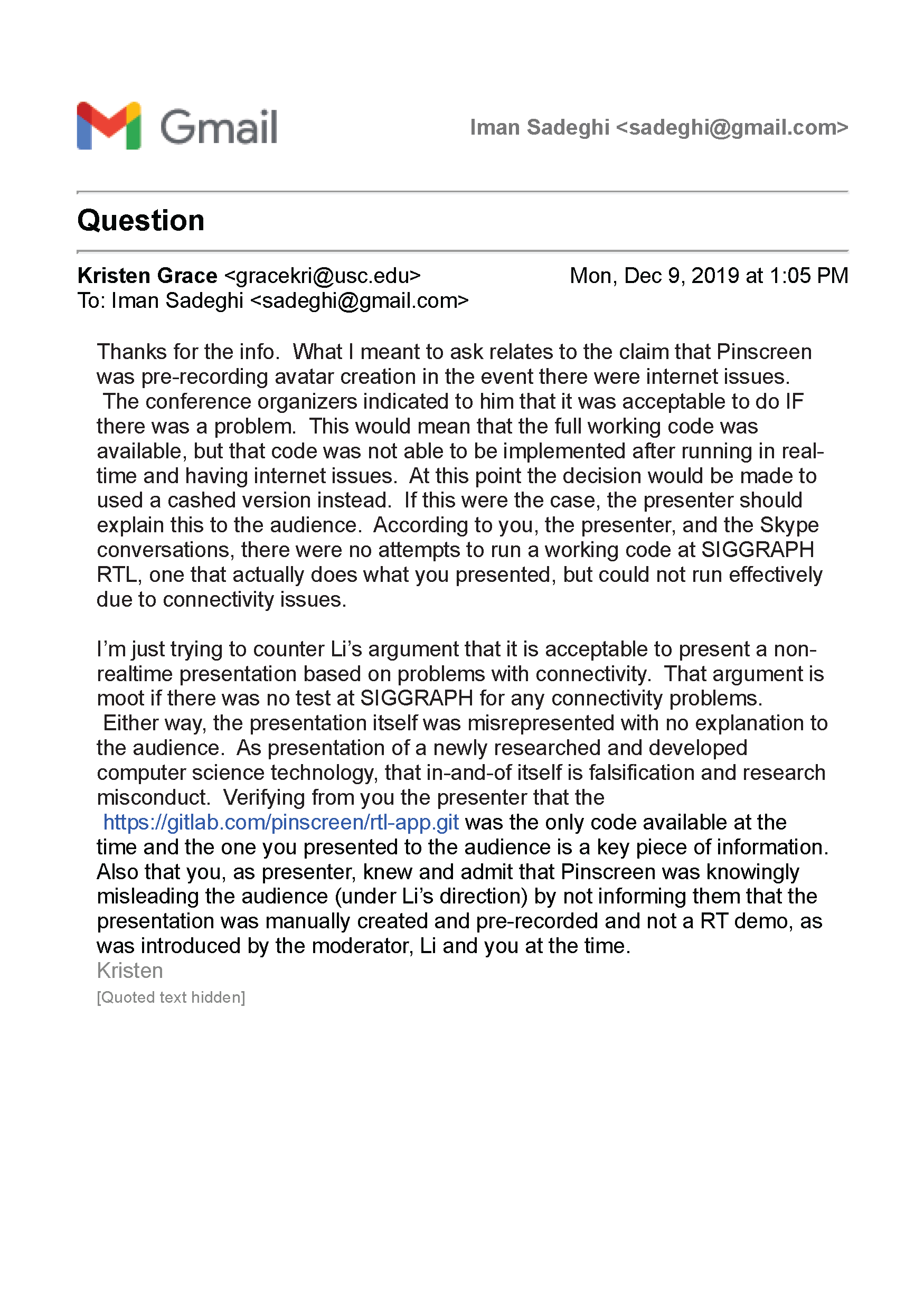 USC's Confirmation of Hao Li's and Pinscreen's Public&nbsp;Deception at ACM&nbsp;SIGGRAPH RTL&nbsp;2017 Page 9