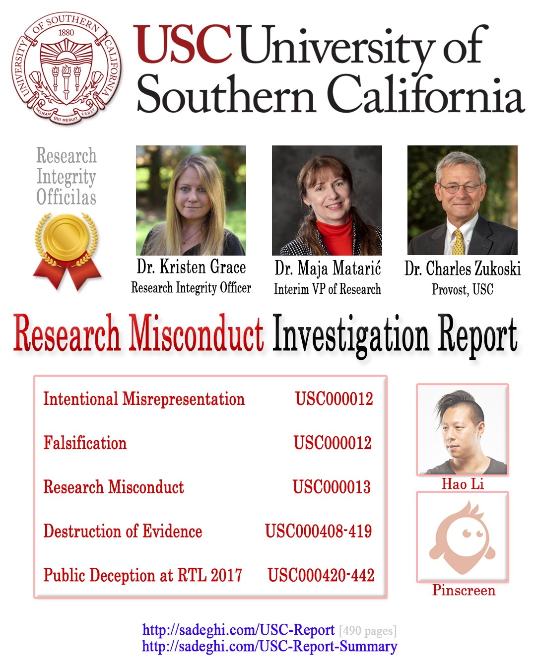 USC's Investigation Report re Hao Li's and Pinscreen's Scientific Misconduct at ACM&nbsp;SIGGRAPH RTL&nbsp;2017 [Summary]